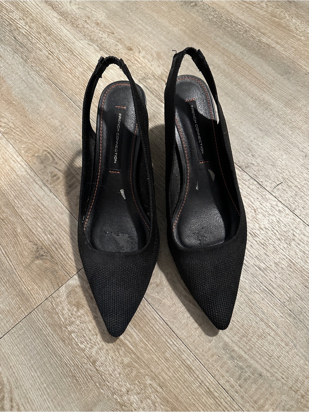 French Connection Black Pointed Toe Slingback Kitten Heel Pumps